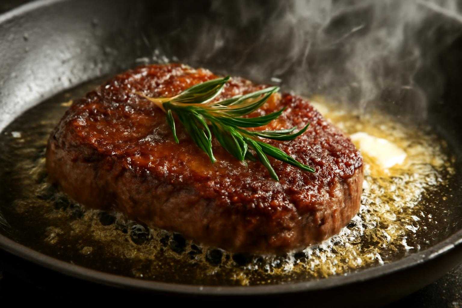 フライパンで焼かれる牛肉ステーキの調理風景