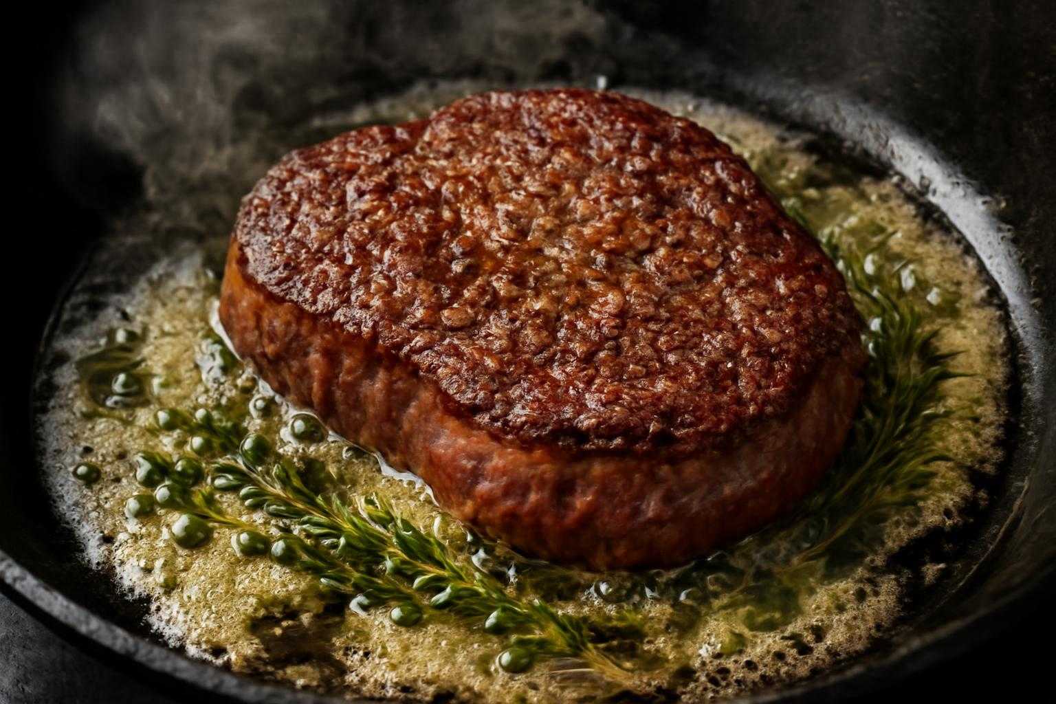 熱したフライパンで牛肉を焼いている調理風景