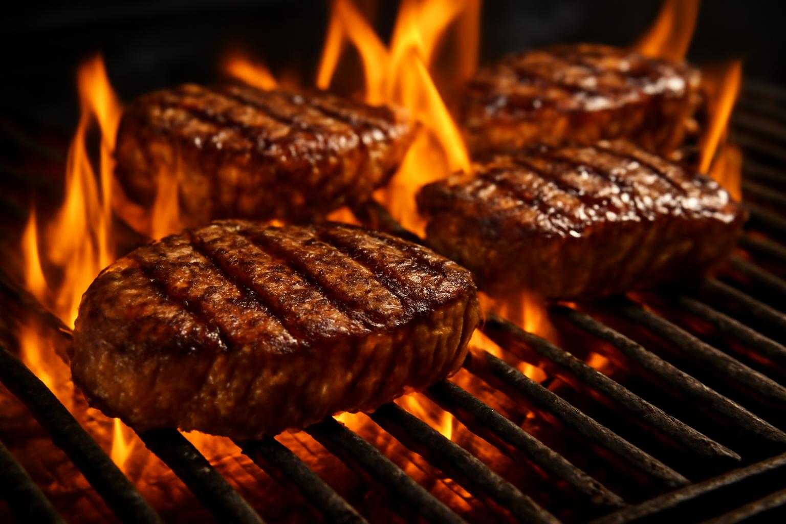 焼肉を焼いている様子、火で炙られた牛肉が焼き網の上にある
