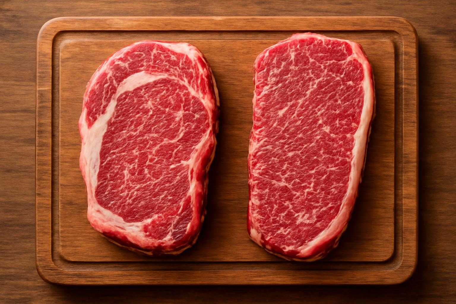 新鮮な牛肉の部位を比較展示している、厳選された肉の選別風景